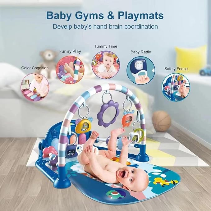 dearlomum Baby Play Mat Baby Gym,Funny Play Piano Tummy Time Baby Activity Mat with 5 Infant Sensory Baby Toys & 2 Guitar Rattles 0 to 3 6 9 12