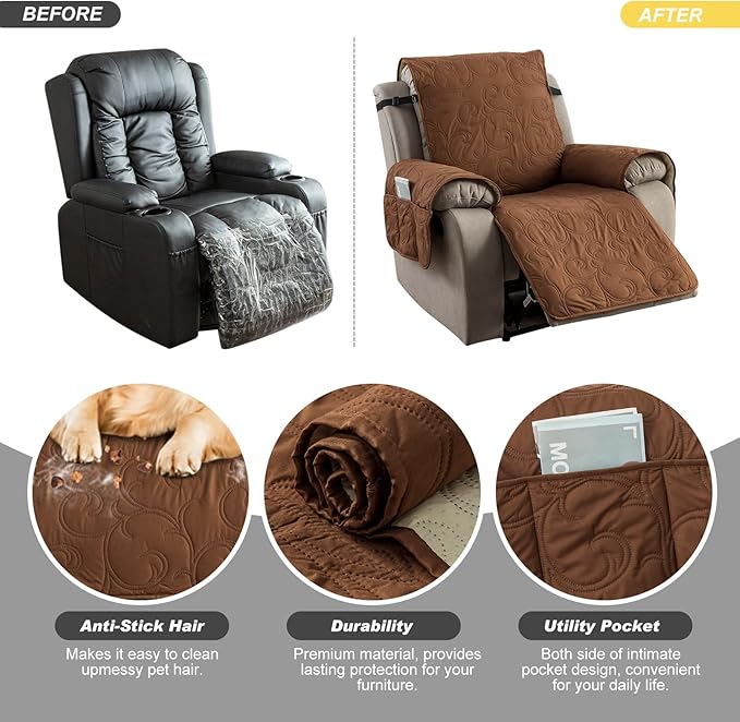 100% Waterproof Recliner Chair Cover, Recliner Chair Covers for Reclining Chair, Non-Slip Fabric Recliner Couch Cover for Living Room, for Pets Kids Protector, Washable (Brown, 28"Recliner Chair)