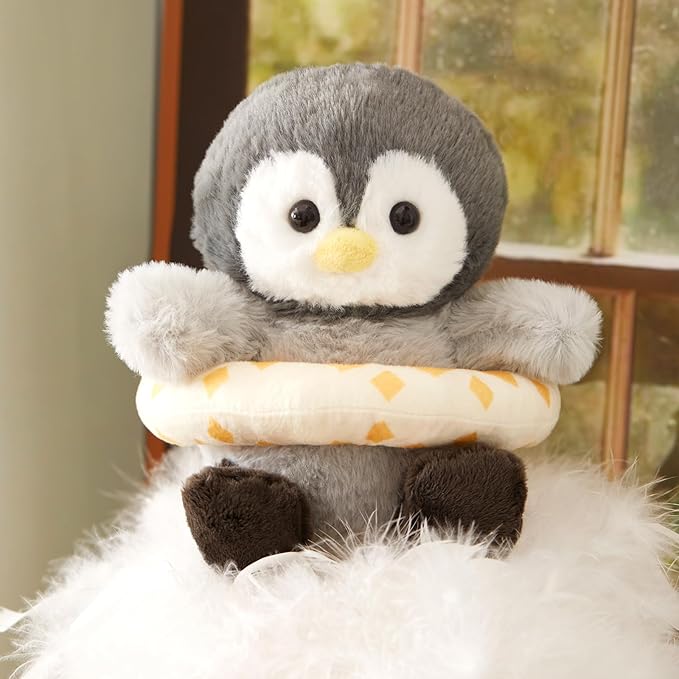 Houwsbaby 8" Cuddly Penguin Stuffed Animal,Penguin Plush Toy with Yellow Swimming Circle