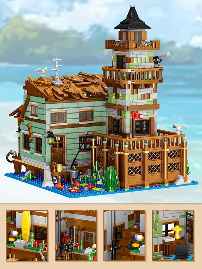 Fishing Village Store House Building Set, 1881 PCS Wood Cabin Mini Building Block Kit 8-14+ Teens