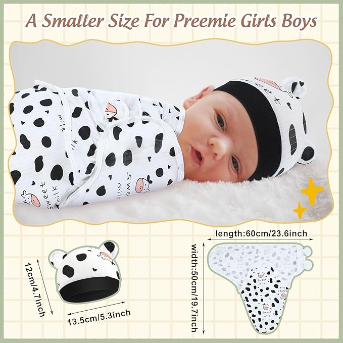 Buryeah 4 Pack Preemie Swaddle Blanket Wrap Set with Hat for Baby Boys Girls 3-7 Lbs Preemie Newborn Clothes Sleepers Cap