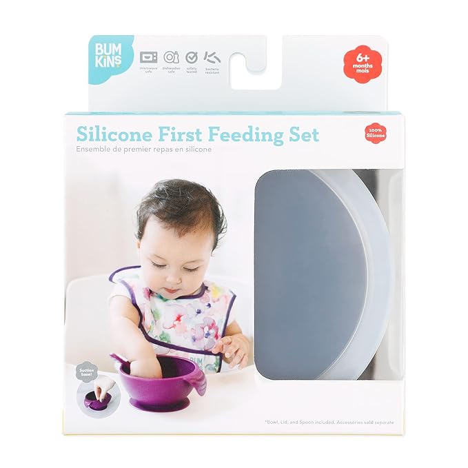 Bumkins Baby Bowl, Silicone Feeding Set with Suction for Baby and Toddler, Includes Spoon and Lid, First Feeding Set, Training Essentials for Baby Led Weaning for Babies 4 Months Up, Gray
