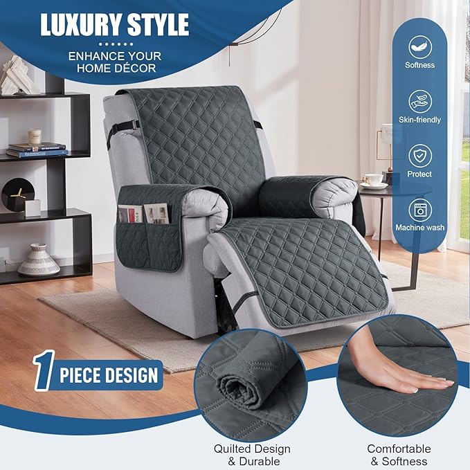 TAOCOCO 100% Waterproof Recliner Covers, Recliner Sofa Covers with Leg Straps, Reversible Recliner Couch Cover for Reclining Chair, Washable Couch Protector for Pets Kids(1 Seater 22", Dark Gray)