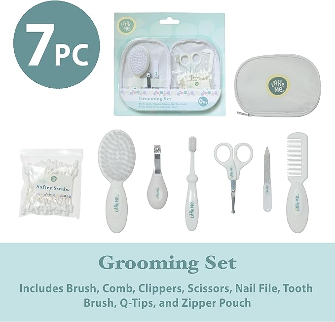 Little Me Baby Grooming Set - 8 Piece Essential Kit with Brush, Comb, Nail Clippers, Nail File, Toothbrush, Safety Swabs, and Travel Zipper Pouch - Baby Grooming Tools