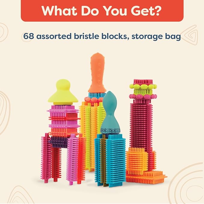 B. toys- Bristle Block Stackadoos - Building Blocks for Kids – Developmenal Toy-68 Blocks in a Storage Pouch 2 years