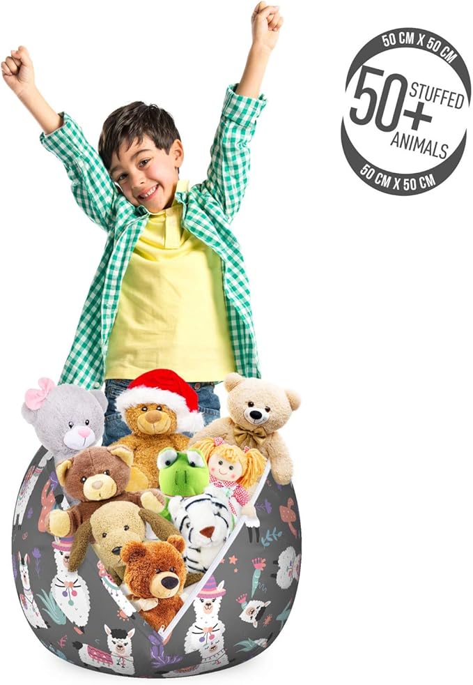 Lunarable Alpaca Storage Toy Bag Chair, Happy Cartoon Illustration of in Ornaments and Motifs Traditional, Stuffed Animal Organizer Washable Bag, Small Size, Grey White