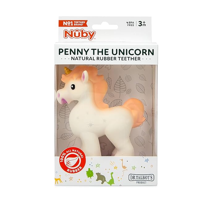 Nuby Penny The Unicorn Super Soft Teether Toy with Squeaker, 100% Natural