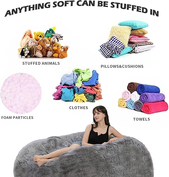 BCU 6FT Bean Bag Chair for Adults and Kids Without Filler Giant Stuffed Animal Storage Cover Soft Faux Fur Floor Chair Cover for Bedroom Living Room, Brown