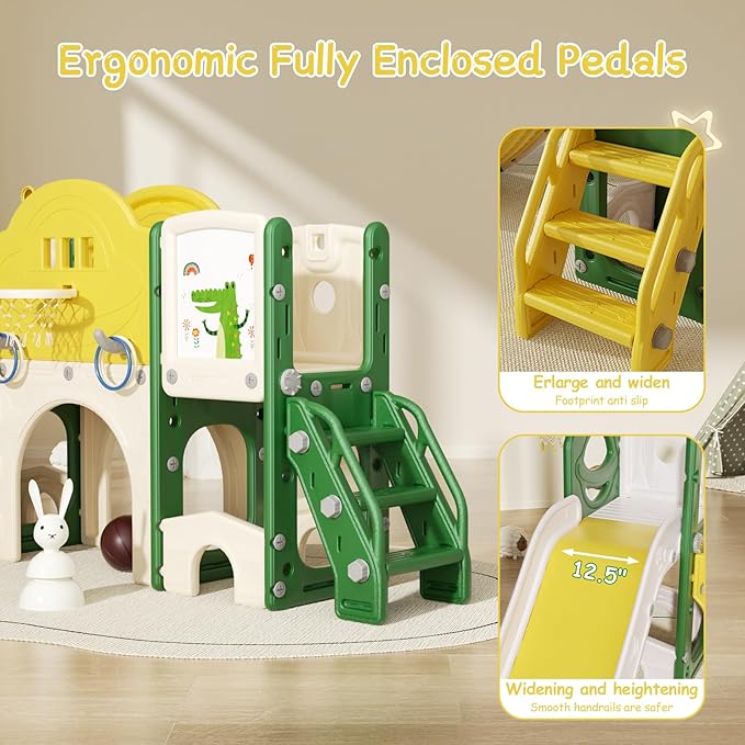 10 in 1 Toddler Slide for Toddlers Age 1-3, Extra-Long Slide with Basketball Hoop Indoor and Outdoor Baby Climber Playset Playground Freestanding Slide (Large