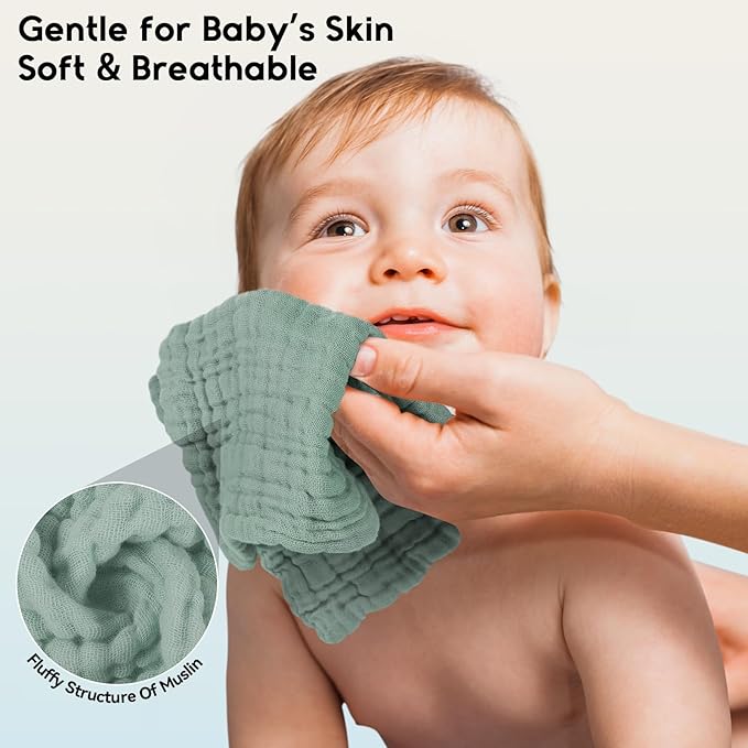 Muslin Baby Washcloths 6 Pack, 100% Cotton Wash Cloths for Babies, Large 12''X12'' Burp Cloths Absorbent and Soft for Newborn Infants Kids Boys Girls - White Green