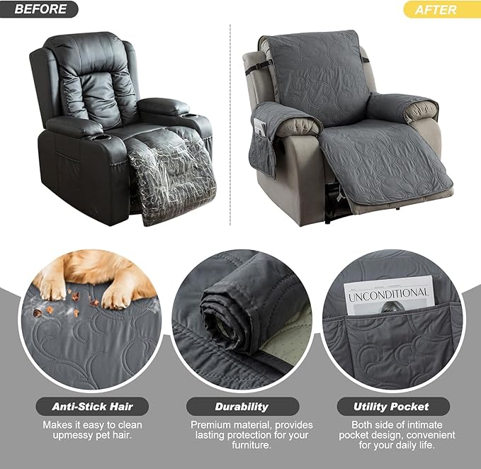 100% Waterproof Recliner Chair Cover, Recliner Chair Covers for Reclining Chair, Non-Slip Fabric Recliner Couch Cover for Living Room, for Pets Kids Protector, Washable (Dark Gray, 23"Recliner Chair)