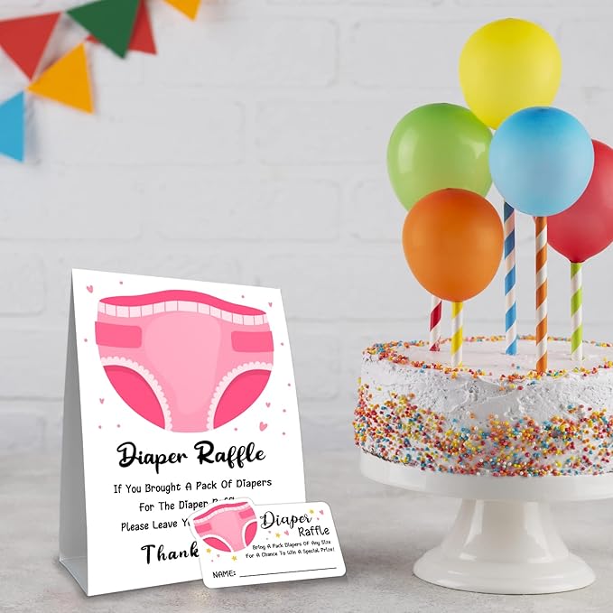 Diaper Raffle Baby Shower Game - Pink Diapers Insert Ticket -girl Baby Shower Game (1 Sign 50 Cards)