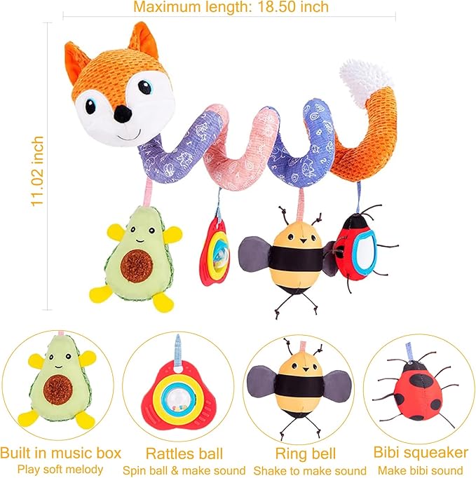Car Seat Toys, Baby Toy 3-6 Month Carseat Stroller Toys Infant Spiral Activity Toy 0-6 Months, Hanging Toys for Babies Newborn Boys Girls 0-6-12 Months - Orange Fox