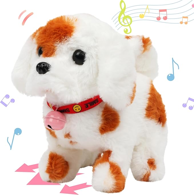 Hopearl Walking Dog with Bell Interactive Electronic Pet Plush Toy Puppy Woof and Moving Animated Nodding Head Gifts for Toddlers Birthday, Brown 7''