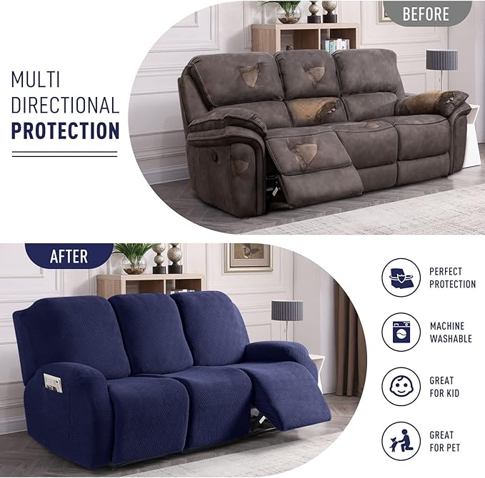 KinCam Recliner Covers, Stretch Reclining Chair Covers, Recliner Sofa Slipcovers Stripe Jacquard Recliner Couch Covers Furniture Protector Covers for Pet Kid (3 Seater, Dark Blue)