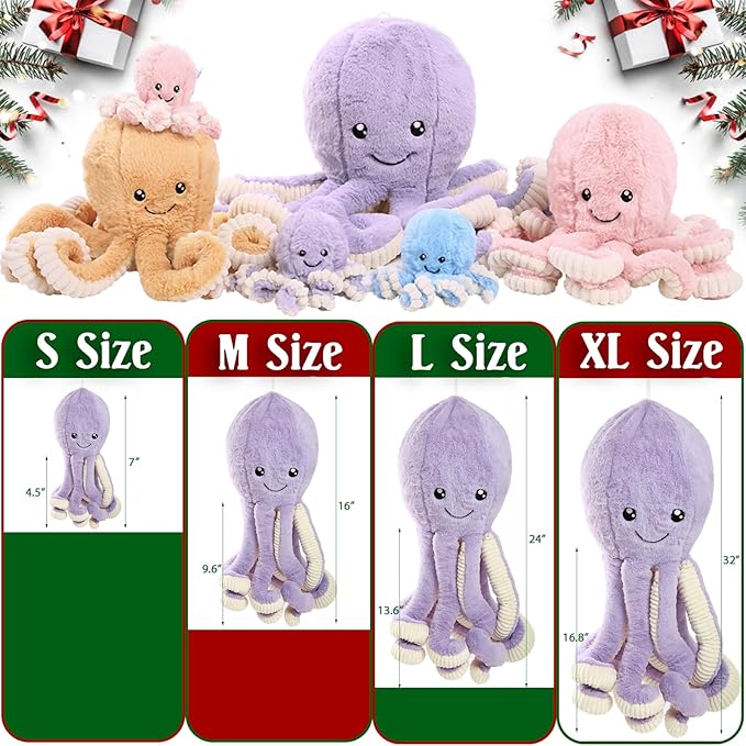 DENTRUN Octopus Stuffed Animals, Giant Octopus Plush Doll Play Toys for Kids Girls Boys Adults Birthday Xmas Halloween Present Stuffed Sea Animals Plushie 7/16/24/32 Inches, 5 Colors