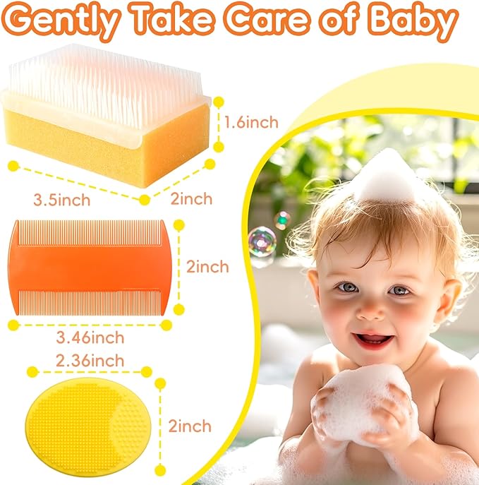 Cradle Cap Brush for Babies, Baby Bath Essentials with Silicone Scrubber Bath Sponge Dual-Sided Comb for Newborns Toddlers Boys Girls (Orange, Set of 5)