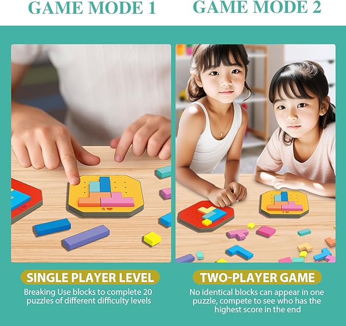 Block Jigsaw Puzzle Games, 128 Pcs Colorful 3D Creative Desktop Wooden Puzzle Game Kids Tangram Math Toys Building Blocks Board, Montessori Puzzle Toys for Kids, Tangram Toy Educational Toys