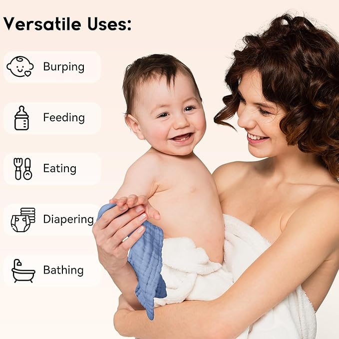 Muslin Baby Washcloths 6 Pack, 100% Cotton Wash Cloths for Babies, Large 12''X12'' Burp Cloths Absorbent and Soft for Newborn Infants Kids Boys Girls - Sapphire Blue