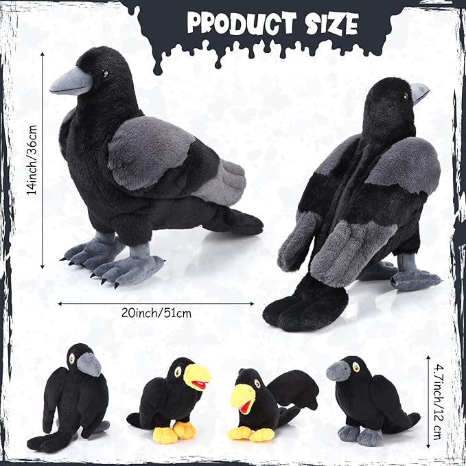 HyDren 5 Pcs Black Bird Plush Toy Set 14 Inch 4 Small