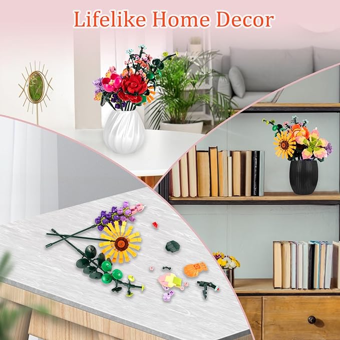 Flowers Bouquet Building Toy, 845Pcs Office Home Decor Botanical Collection Flowers Building Set