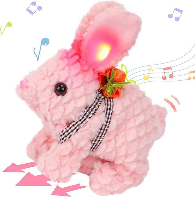 Hopearl Hopping Rabbit with LED Ears Carrot Backpack Interactive Plush Bunny Toy with Sounds Animated Walking Wiggle Light up Ears Twitch Nose Gift for Toddlers, Pink 7''