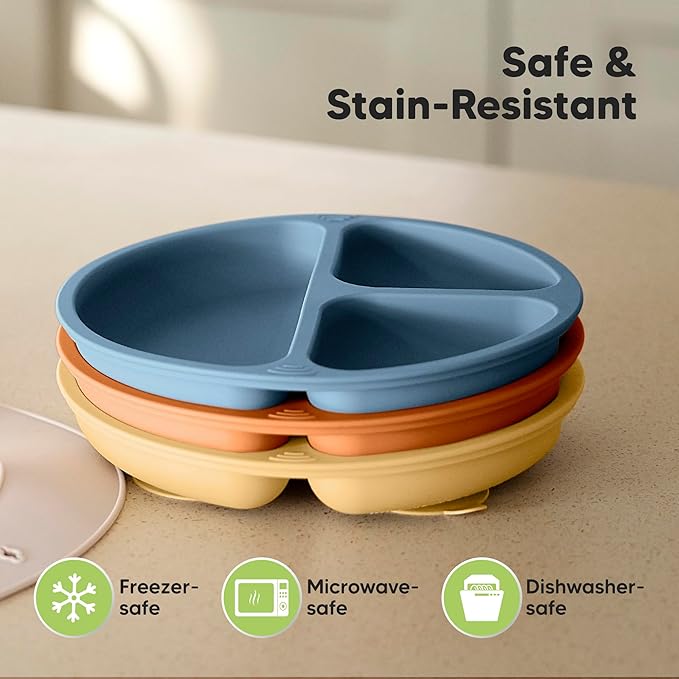 KeaBabies Suction Plates for Baby, Toddler - 3-Pack 100% Silicone Toddler Plates, Divided Baby Plates with Suction, Silicone Plates for Baby, Kids, BPA-Free, Microwave, Dishwasher Safe (Valiant)