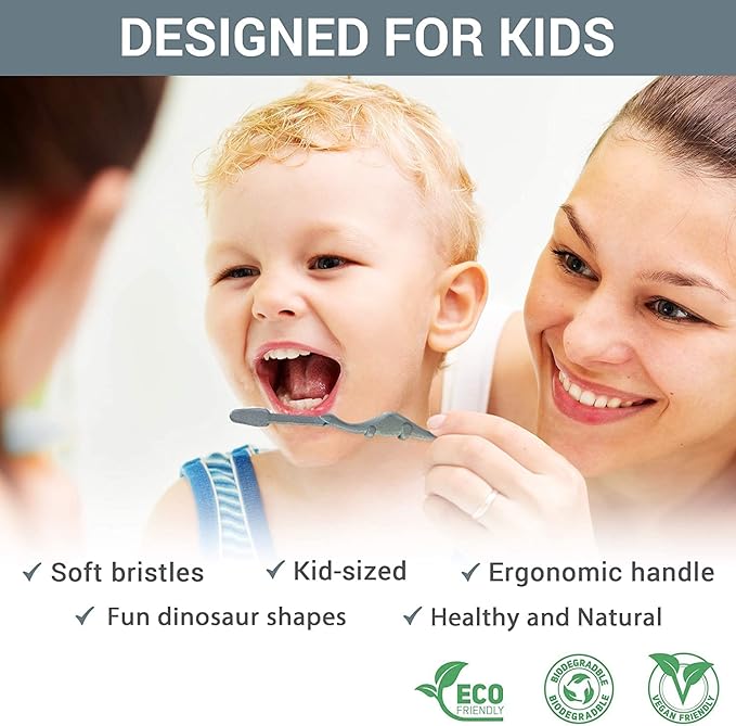 ROARex® All-Natural Eco Friendly Kids Toothbrush Made from Plants - Dinosaurs 4-36m - Baby to Toddler - Blue/Green - 4pk | 1% for The Planet Product