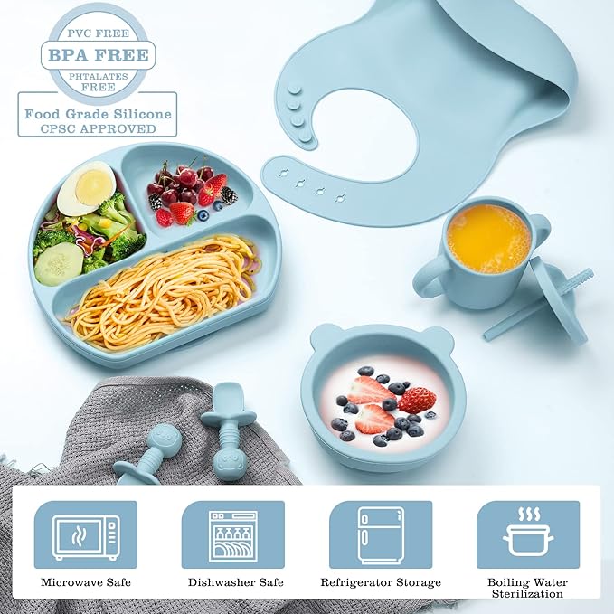 Silicone Baby Feeding Set, Baby Led Weaning Supplies with Suction Bowl Divided Plate, Toddler Self Feeding Dish Set with Spoons Forks Sippy Cup Adjustable Bib, Eating Utensils for 6+ Months(Blue)