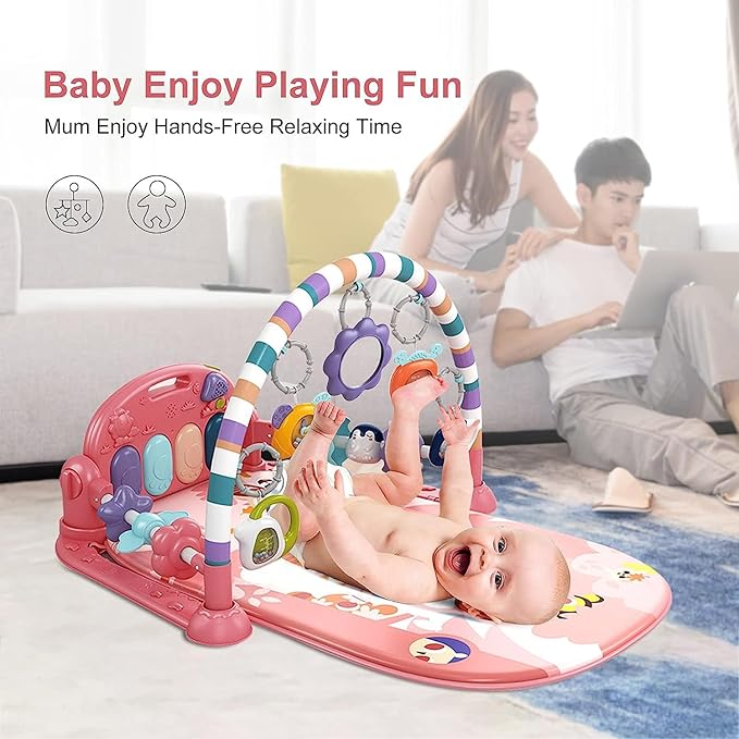 dearlomum Baby Play Mat Baby Gym,Funny Play Piano Tummy Time Baby Activity Mat with 5 Infant Sensory Baby Toys & 2 Guitar Rattles 0 to 3 6 9 12