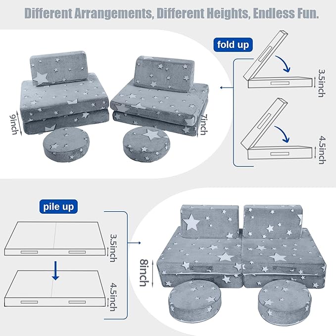 MeMoreCool Modular Glow Star Sofa for Kids, 8-Piece Convertible Foam Couch Play Set for Toddlers, Playroom, and Children