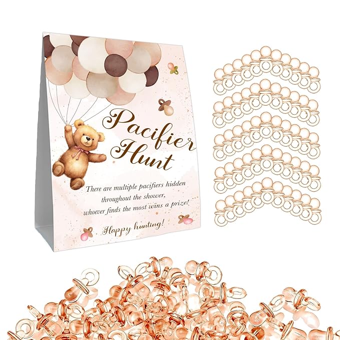Winnie Pacifier Hunt Sign for Baby Shower Game, Mini Pacifiers Baby Shower Games Set 50Pcs Brown 5 * 7IN