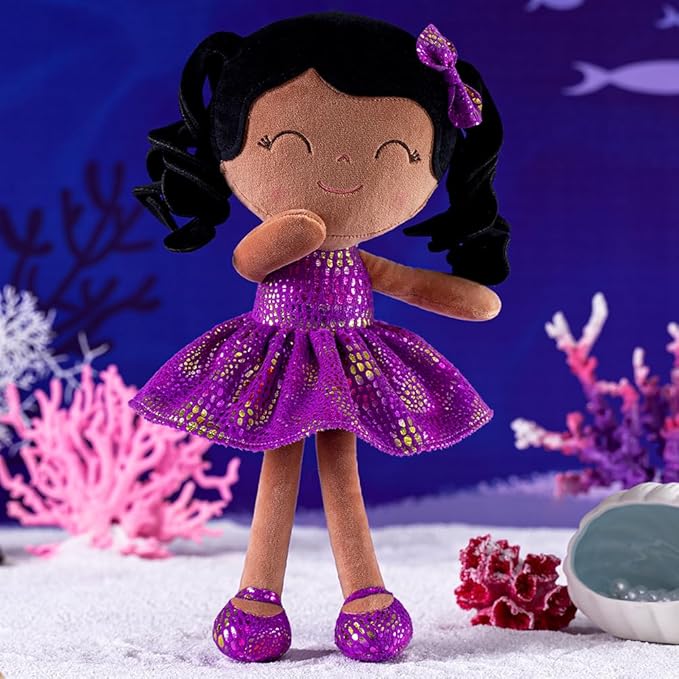 Gloveleya Soft Dolls Plush Figures Curly Hair Christmas Brown Dress 9inches(3pcs)
