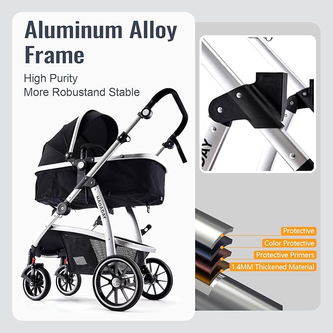 Baby Stroller, 2-in-1 Reversible Toddler Seat with Lie-Flat Mode, Foldable Infant Stroller with Canopy, One Button Brake, Adjustable Handle, Newborn Pushchair(Black)