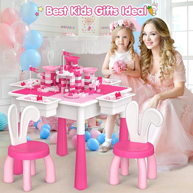 Kids Toddler Table and Chair Set: Activity Table with 152Pcs 2 Rabbit 3-10 Year