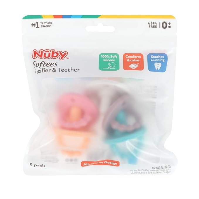 Nuby Silicone Softees Pacifier and Teethers - (5-Pack) Silicone Baby Pacifiers and Teethers 0+ Months