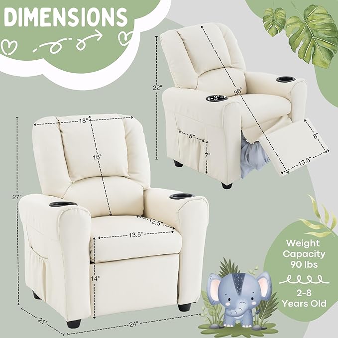 JC HOME Candy Kids Reclining Chair Leather Recliner Sofa Toddler Youth Children Child Ages 1-6