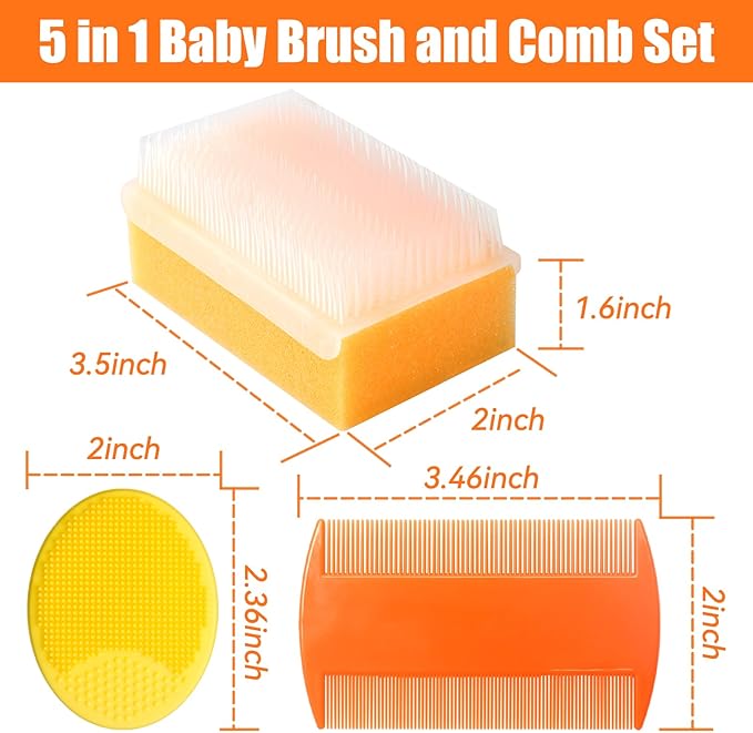 Cradle Cap Brush for Babies, 5Pcs Cradle Cap Treatment Set with Soft Bristle Brushes Silicone Scrubber Fine-Tooth Comb for Newborn Bathing Essentials Baby Brush and Comb Set (Orange)