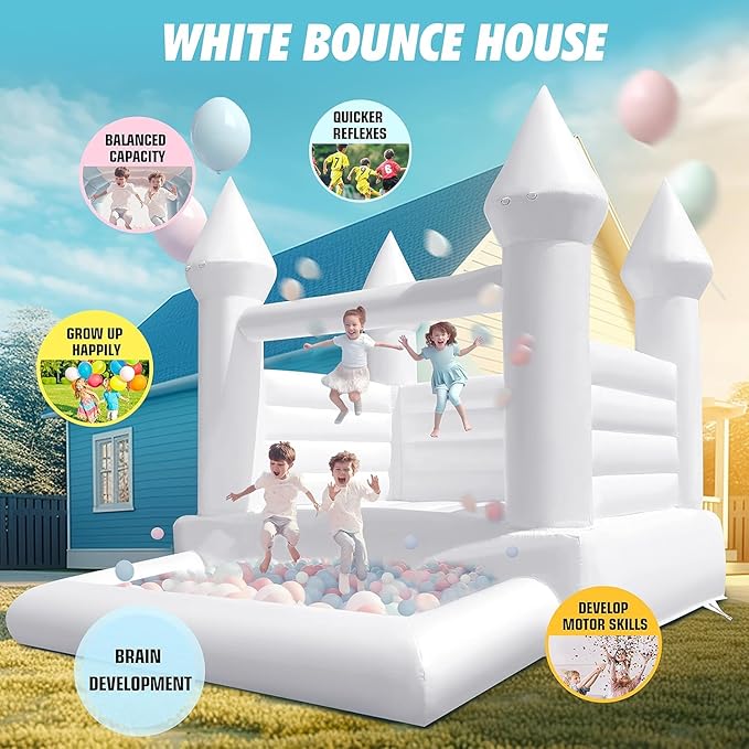 OZIS 10x8x8FT White Bounce House Castle with Ball Pit for Kids, Inflatable White Bounce House with Blower