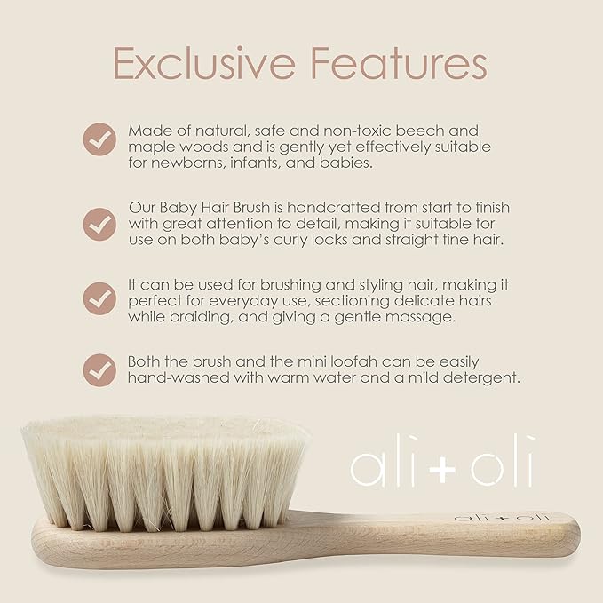 Ali+Oli Newborn Wooden Hair Brush- Baby Brush Set for Newborns- Baby Hair Brush with Mini Loofah- Infant Hair Brush, Cradle Cap, Wooden Baby Brush with Soft Goat Bristle