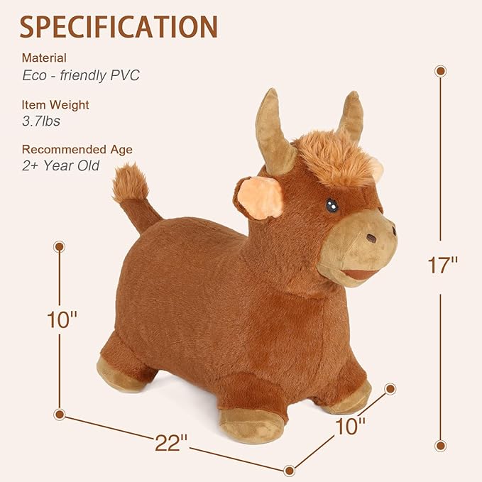 INPANY Bouncy Bull Hopping Toys - Toddler Brown Plush Highland Cow Hopper, Kids Inflatable Farm Animal Hopper Horse 2 3 4 Year