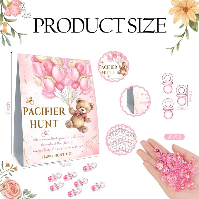 Winnie Pacifier Hunt Sign, Mini Pacifiers Baby Shower Game Set 50Pcs Pink