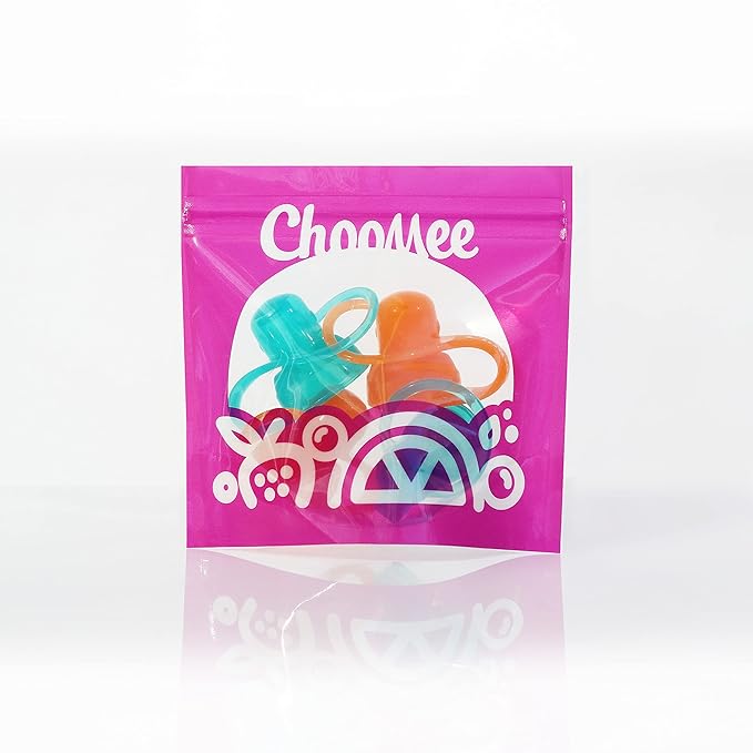 ChooMee SoftSip Food Pouch Top | Baby Led Weaning | No Spill Flow Control Valve, Protects Childs Mouth, 100% Silicone, BPA Free | Orange Aqua, 4 CT