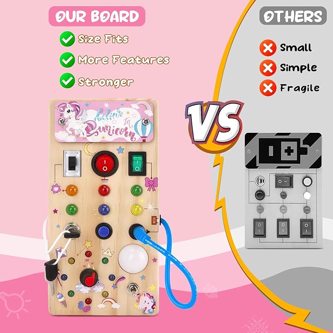 Unicorn Wooden Busy Board Sensory Toys with 8 LED Light 1 Year