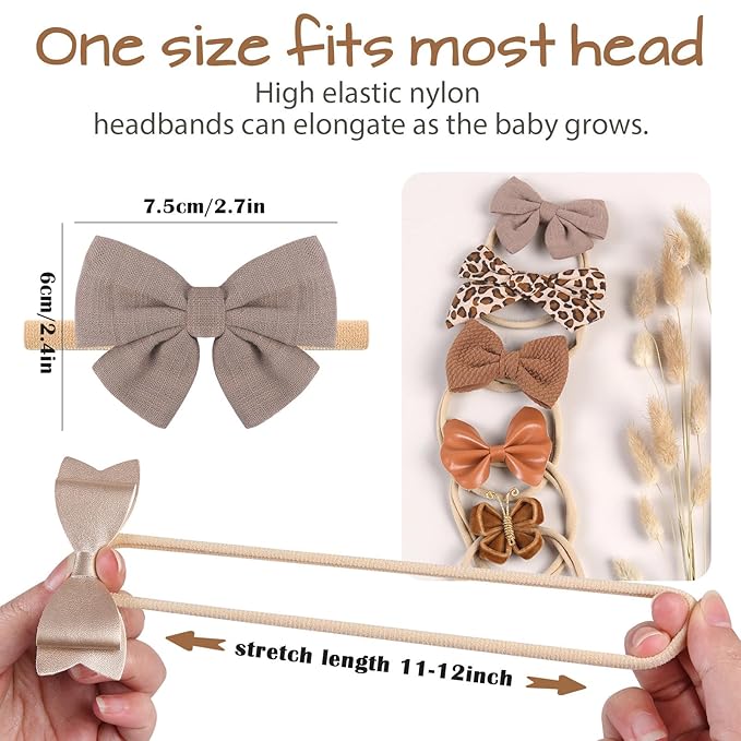 Baby Bows 10PCS Stretchy Nylon Headbands for Baby Girls, Handmade