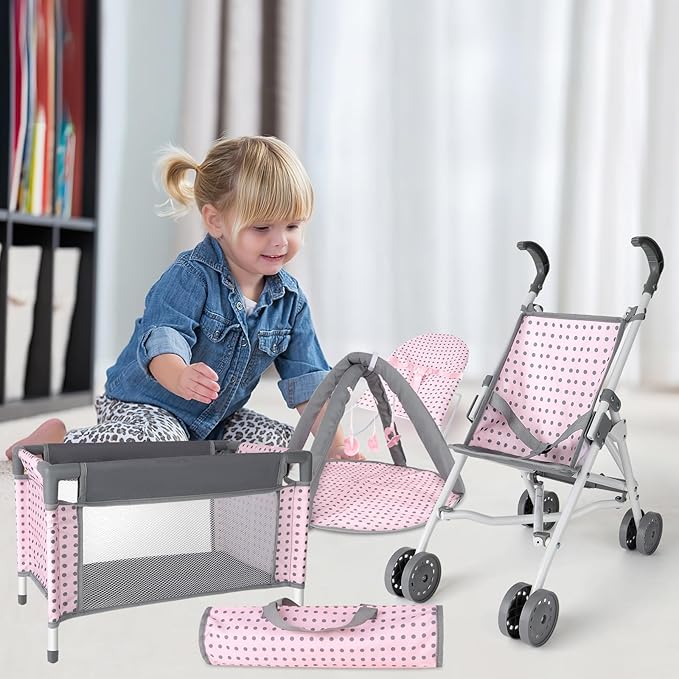 deAO Baby Doll Stroller Crib Bed Nursery Role Play Set Baby Doll with Accessories and Play Mat,Travel Cot