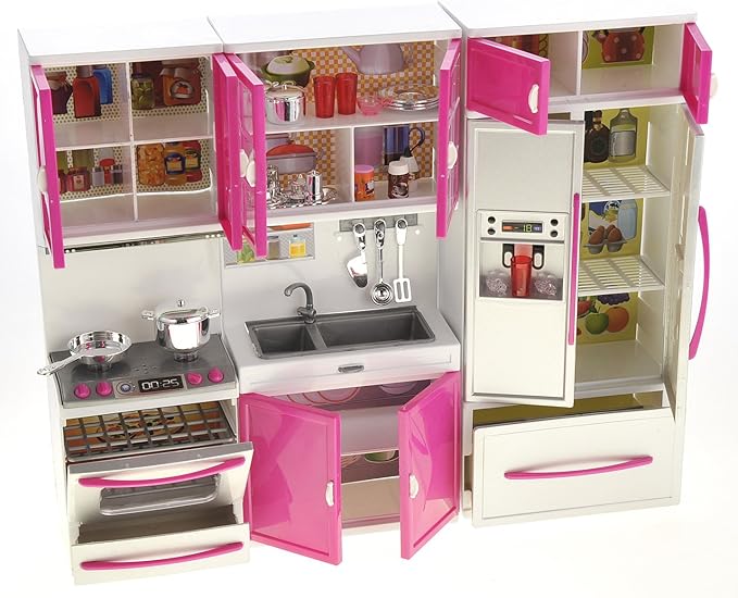 PowerTRC Doll Kitchen Play Set, Mini Modern Toy Kitchen Pretend Play Furnitures Toy Set Accessories Set with Realistic Light & Sound for Kids Toddlers Girls (3-in-1)