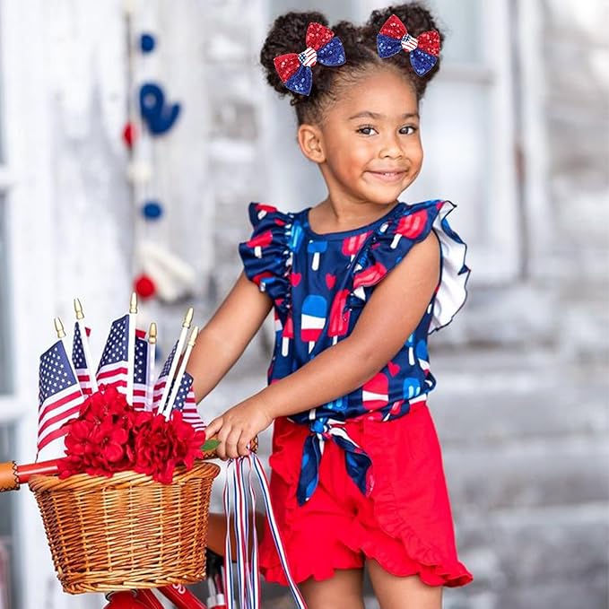 4th of July Sequins Hair Bows Clips Blue Glitter Alligator