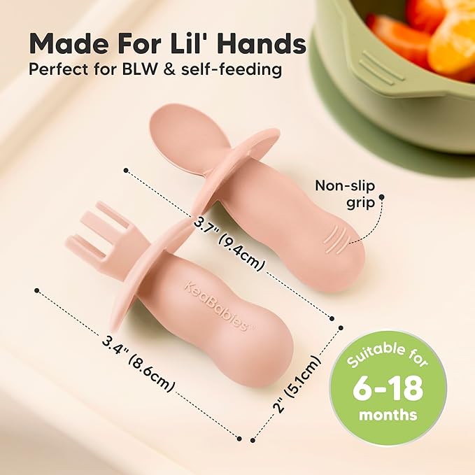 KeaBabies 4-Pack Silicone Baby Spoons and Forks Set - Baby Spoon Self Feeding, BLW Baby Utensils 6-12 Months, Baby Led Weaning Feeding Spoon,Teething Infant Baby First Food Training Pre Spoon (Mellow)