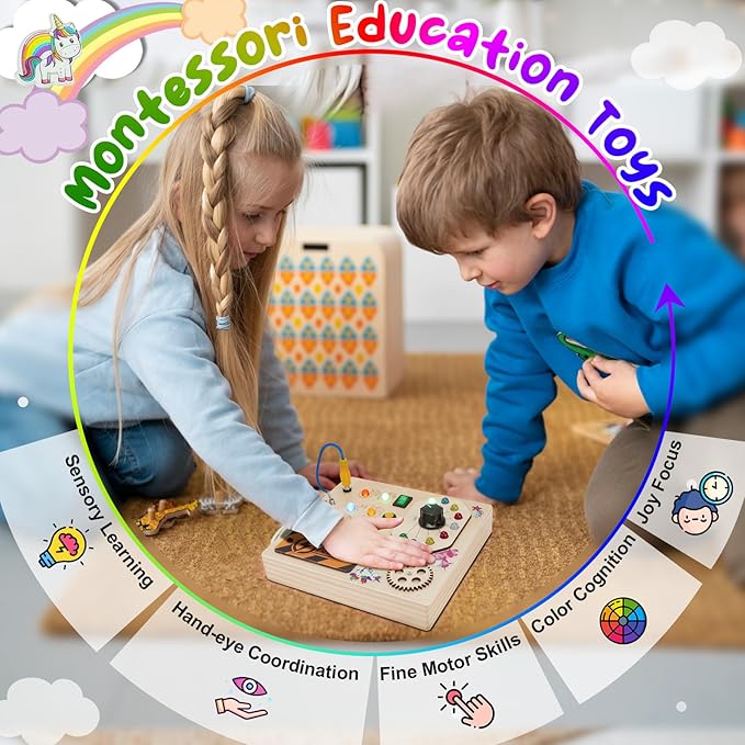 JAMIEWIN Montessori Busy Board with LED Light Switch for Toddlers 1-3, Wooden Sensory Board Travel Toys for Toddlers Baby 1 +